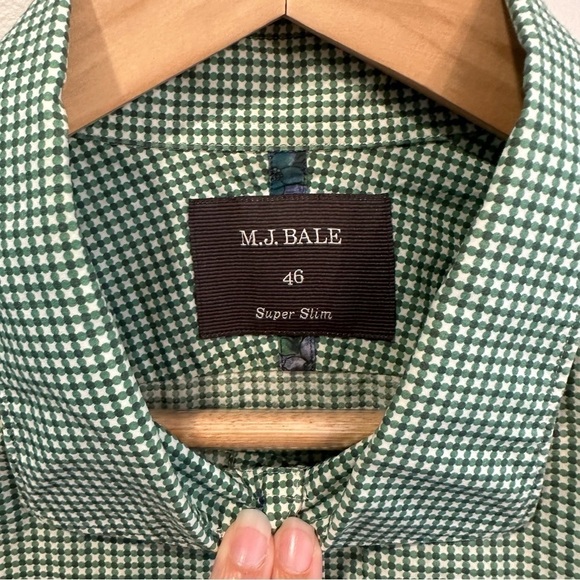MJ Bale Mens Shirt 46 Slim Fit Green Check Long Sleeve Button Collared Shirt - Picture 5 of 7